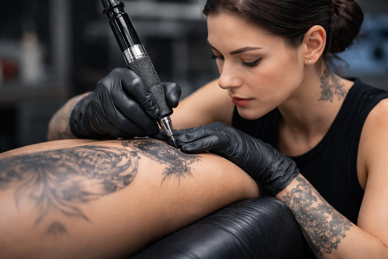 Tätowiererin bei der Arbeit mit Tattoo-Maschine