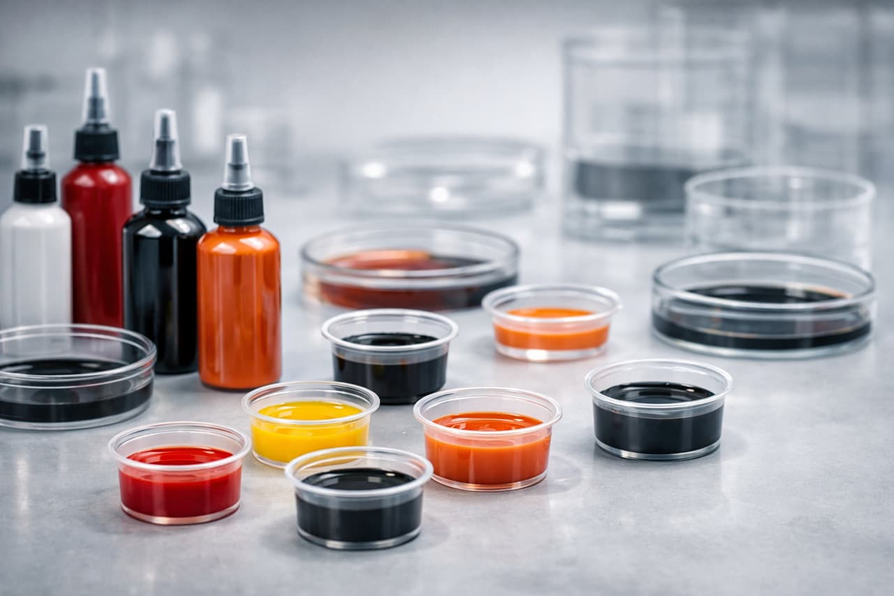 Tätowierfarben und Pigmente in verschiedenen Behältern