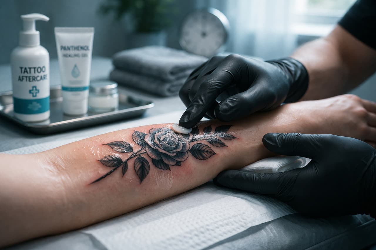 Frisches Rosen-Tattoo am Unterarm mit Pflegeprodukten