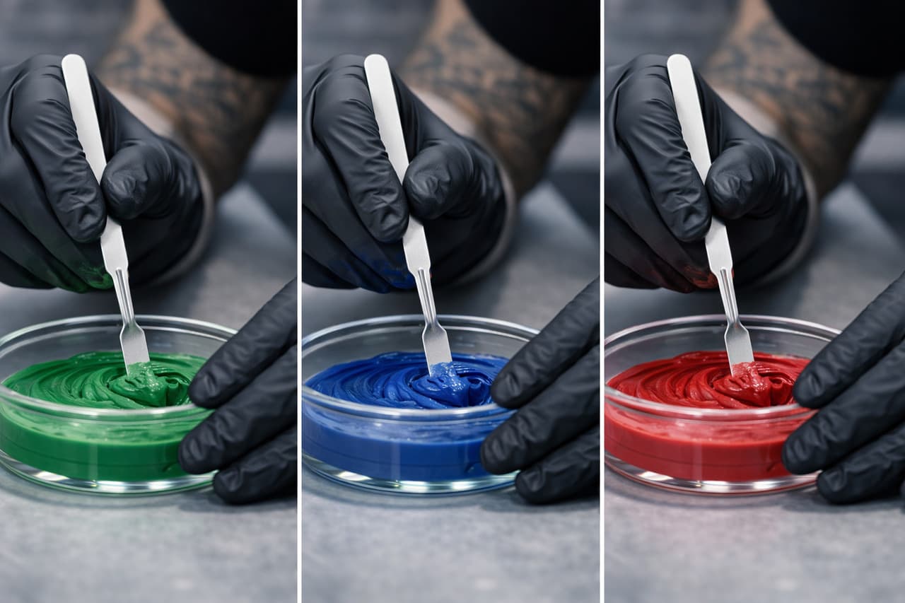 Farbpigmente in Grün, Blau und Rot – Nahaufnahme mit Spatel