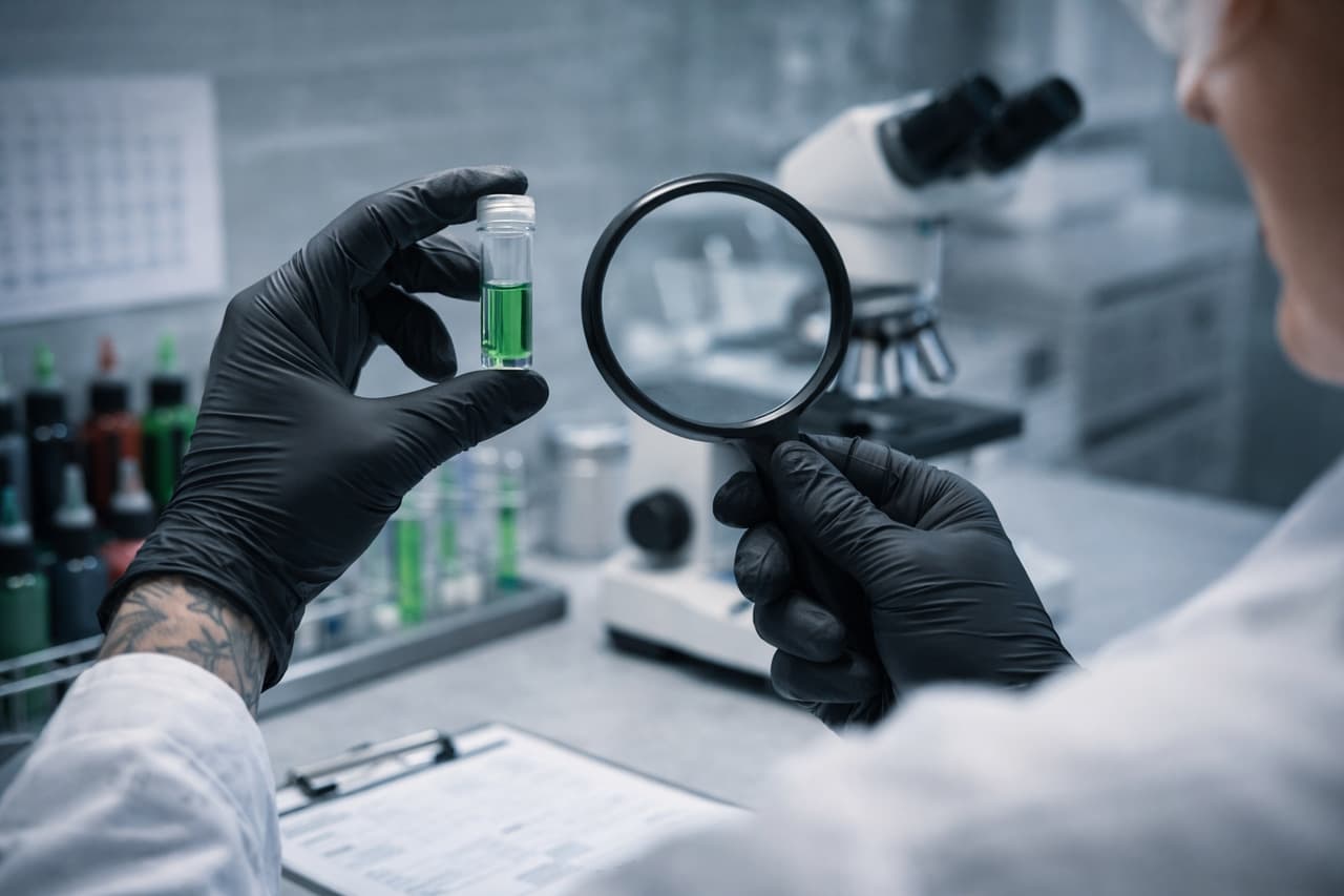 Qualitätskontrolle – Farbprobe unter der Lupe im Labor