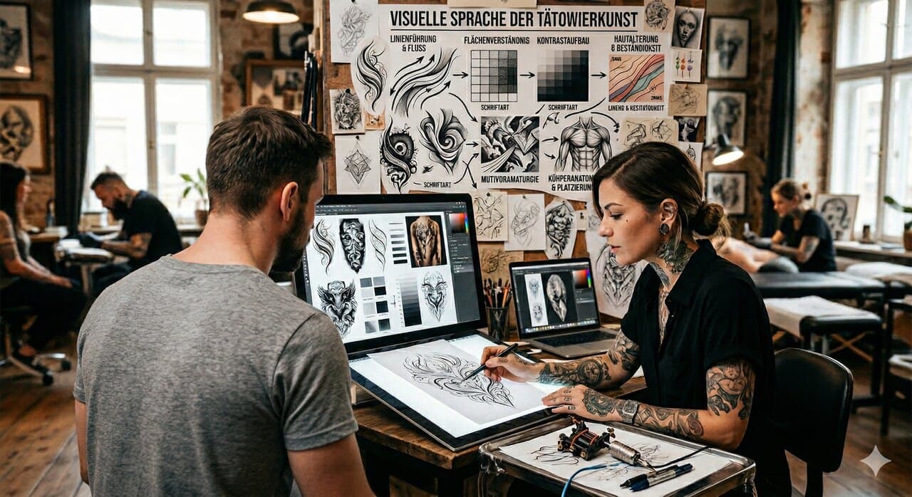Visuelle Sprache der Tätowierkunst – Studio mit Design-Übersicht
