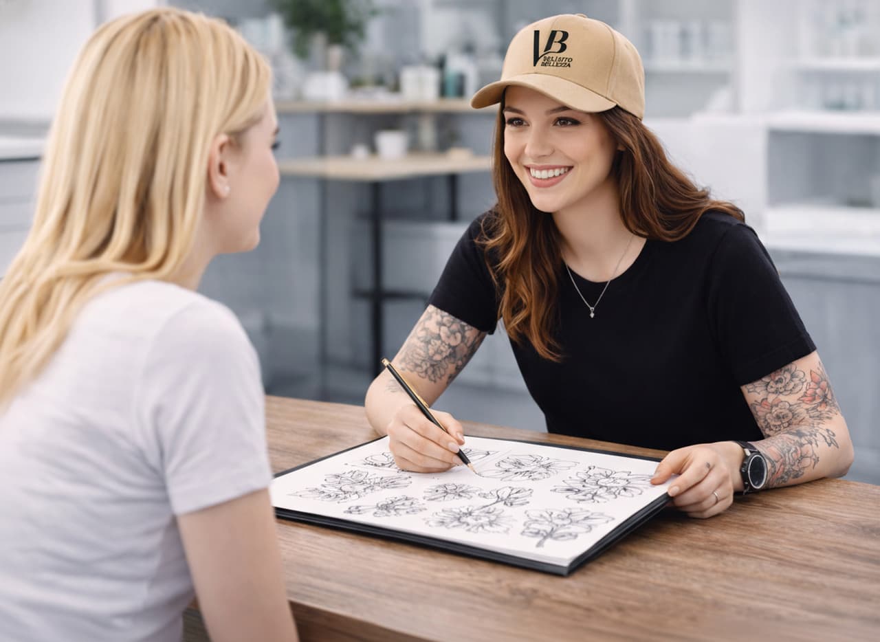 Beratungsgespräch im Tattoo-Studio – Künstlerin mit Kundin