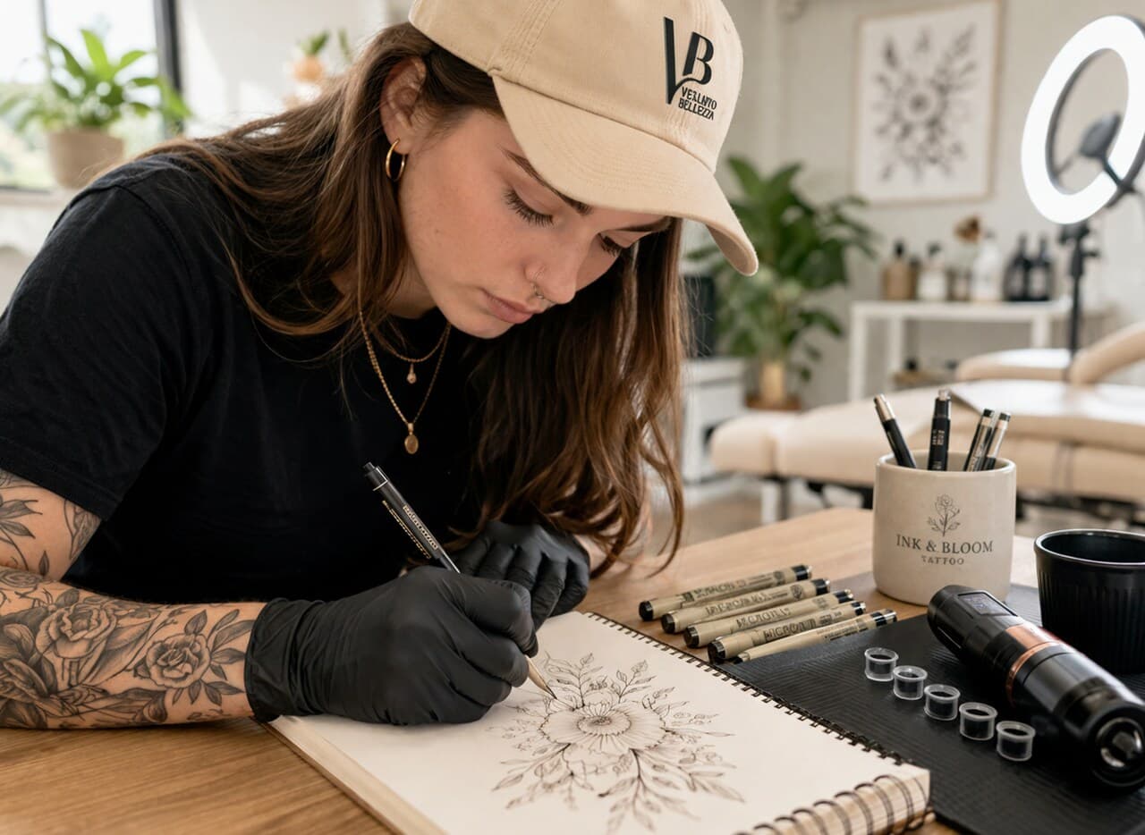 Tätowiererin zeichnet Blumen-Design im Skizzenbuch