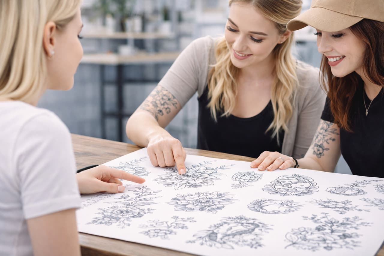 Drei Frauen betrachten gemeinsam Tattoo-Designs am Tisch