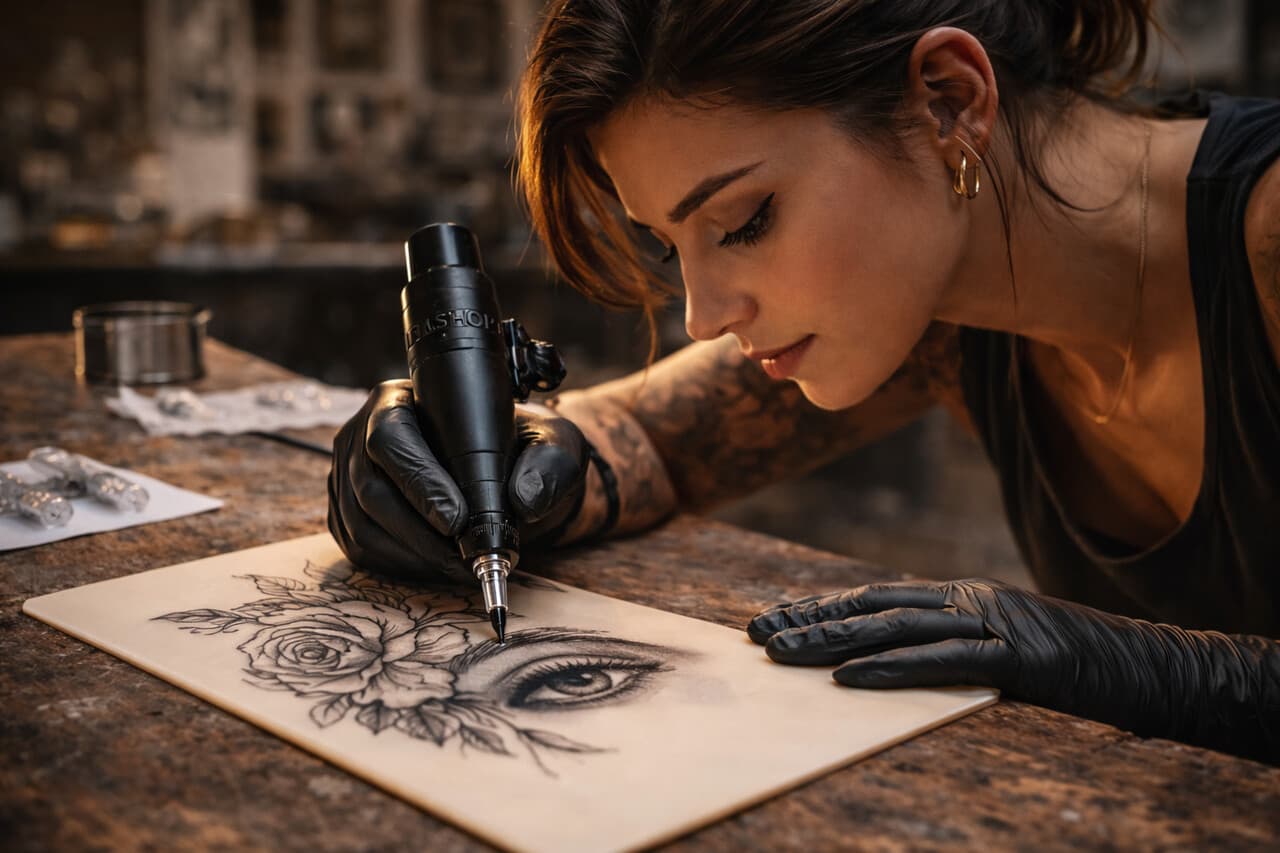 Tätowiererin arbeitet mit Pen-System auf Übungshaut