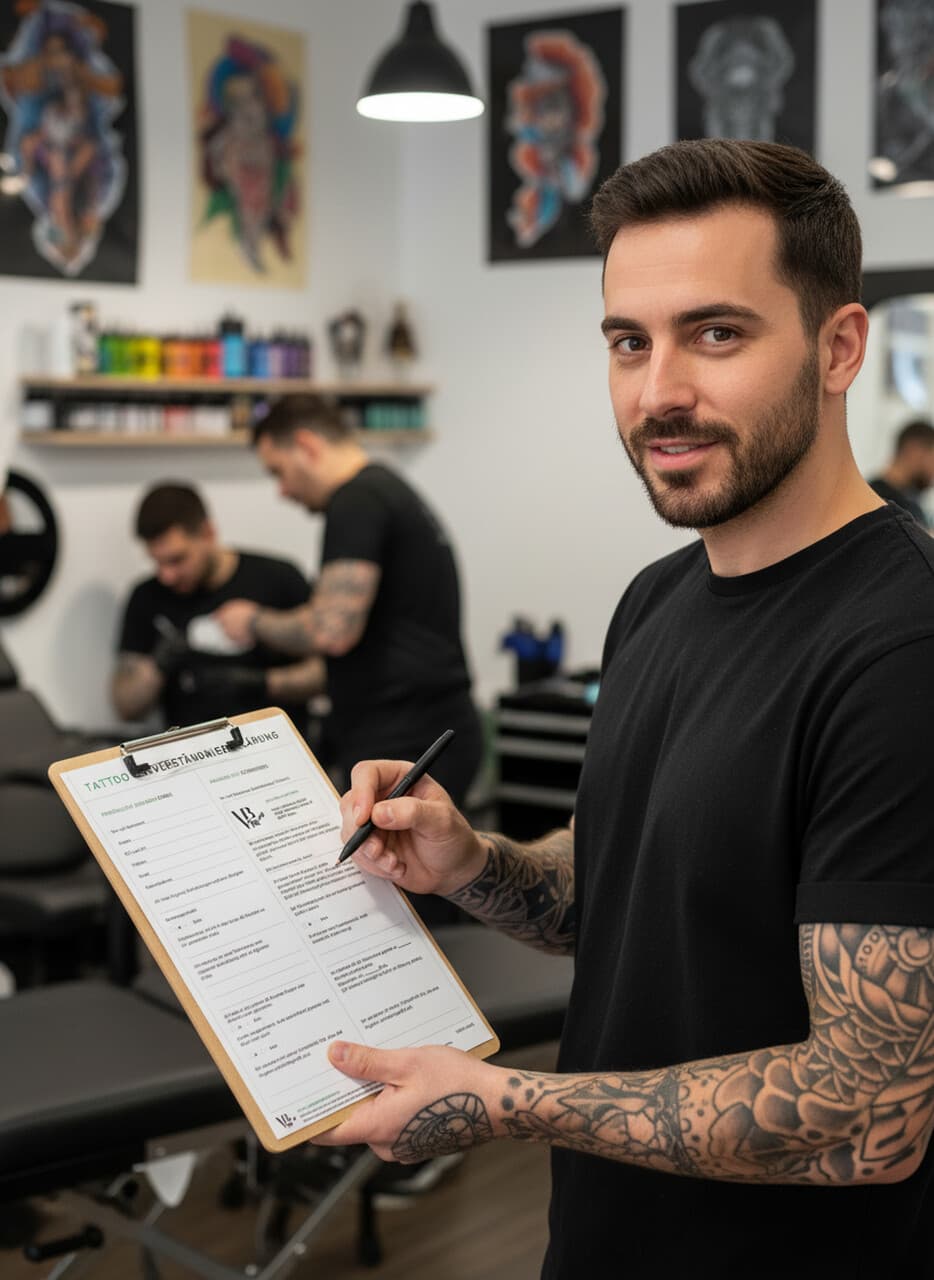 Tätowierer mit Klemmbrett im Studio – Dokumentation und Verantwortung