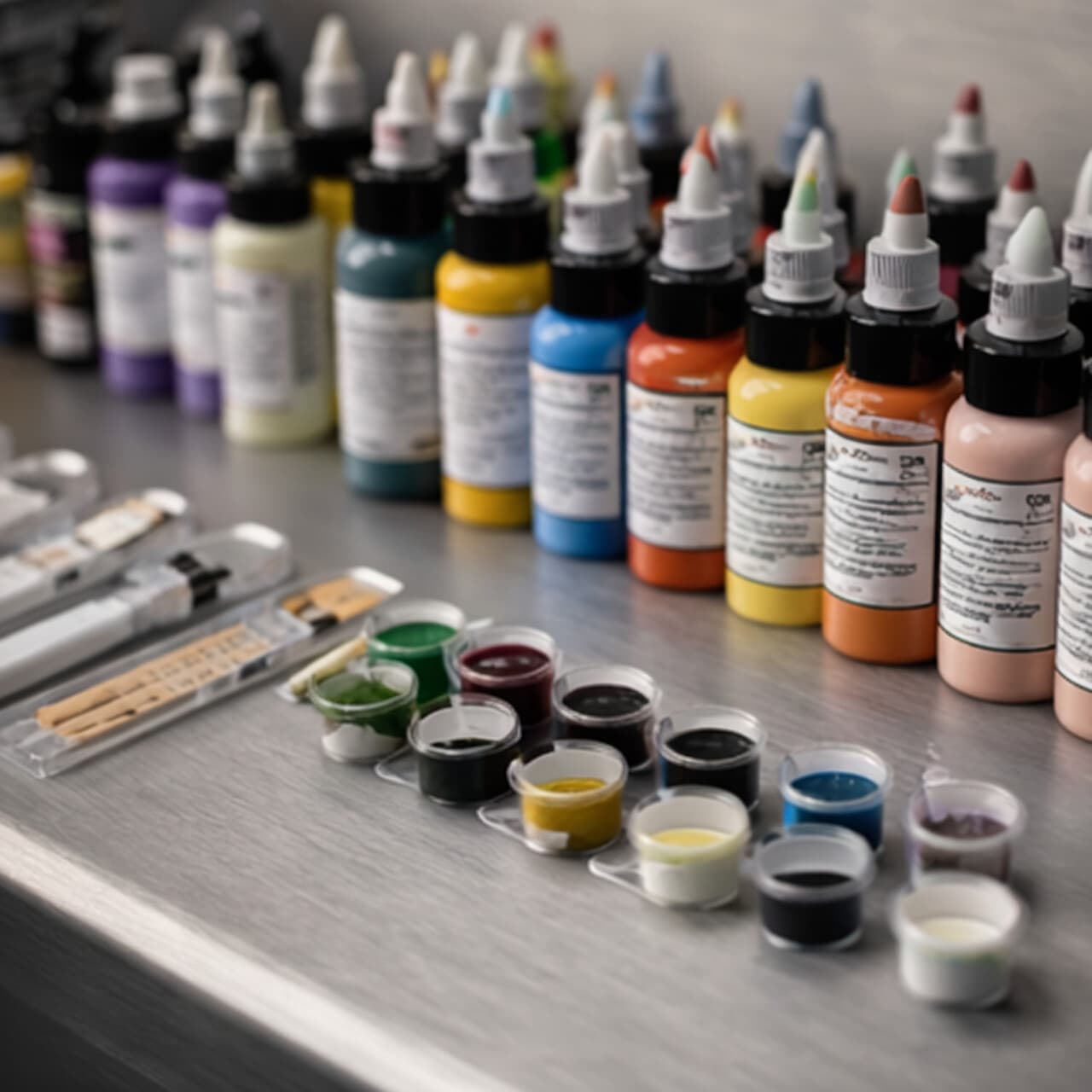 Tätowierfarben in verschiedenen Flaschen und Behältern