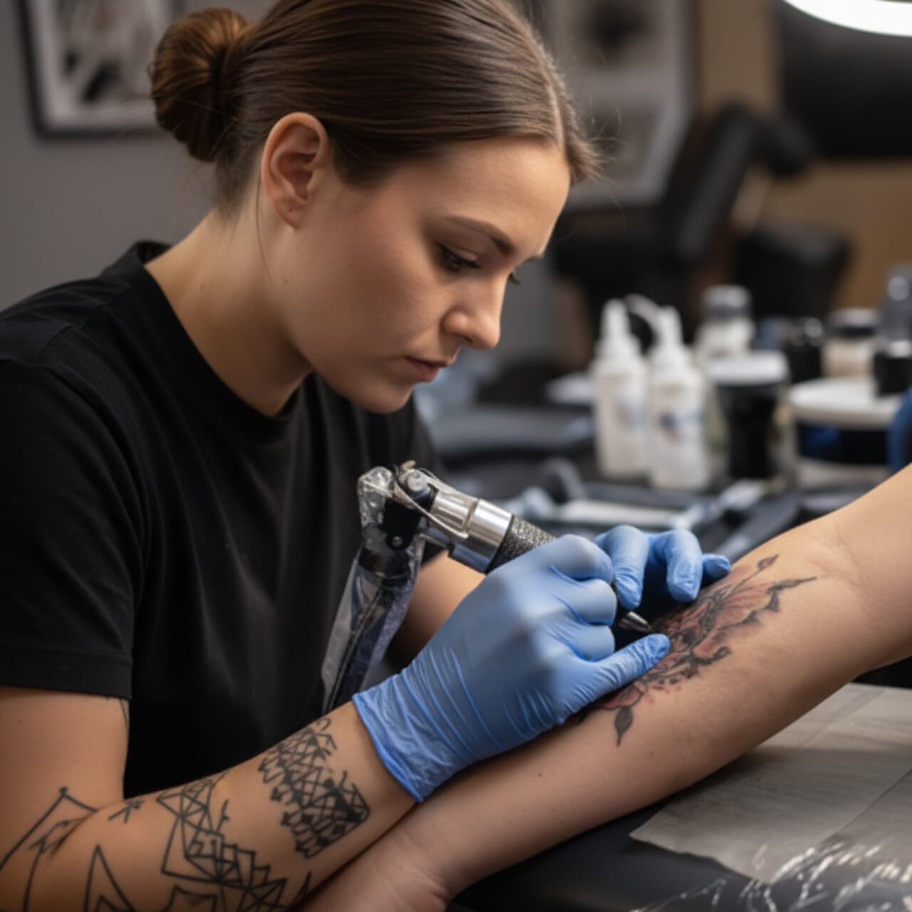 Tätowiererin bei der Arbeit mit Handschuhen