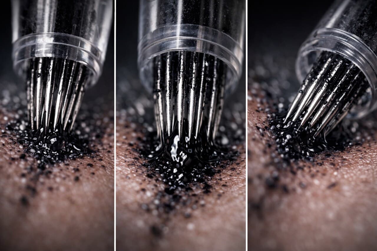 Nahaufnahme verschiedener Tätowiernadeln auf Haut